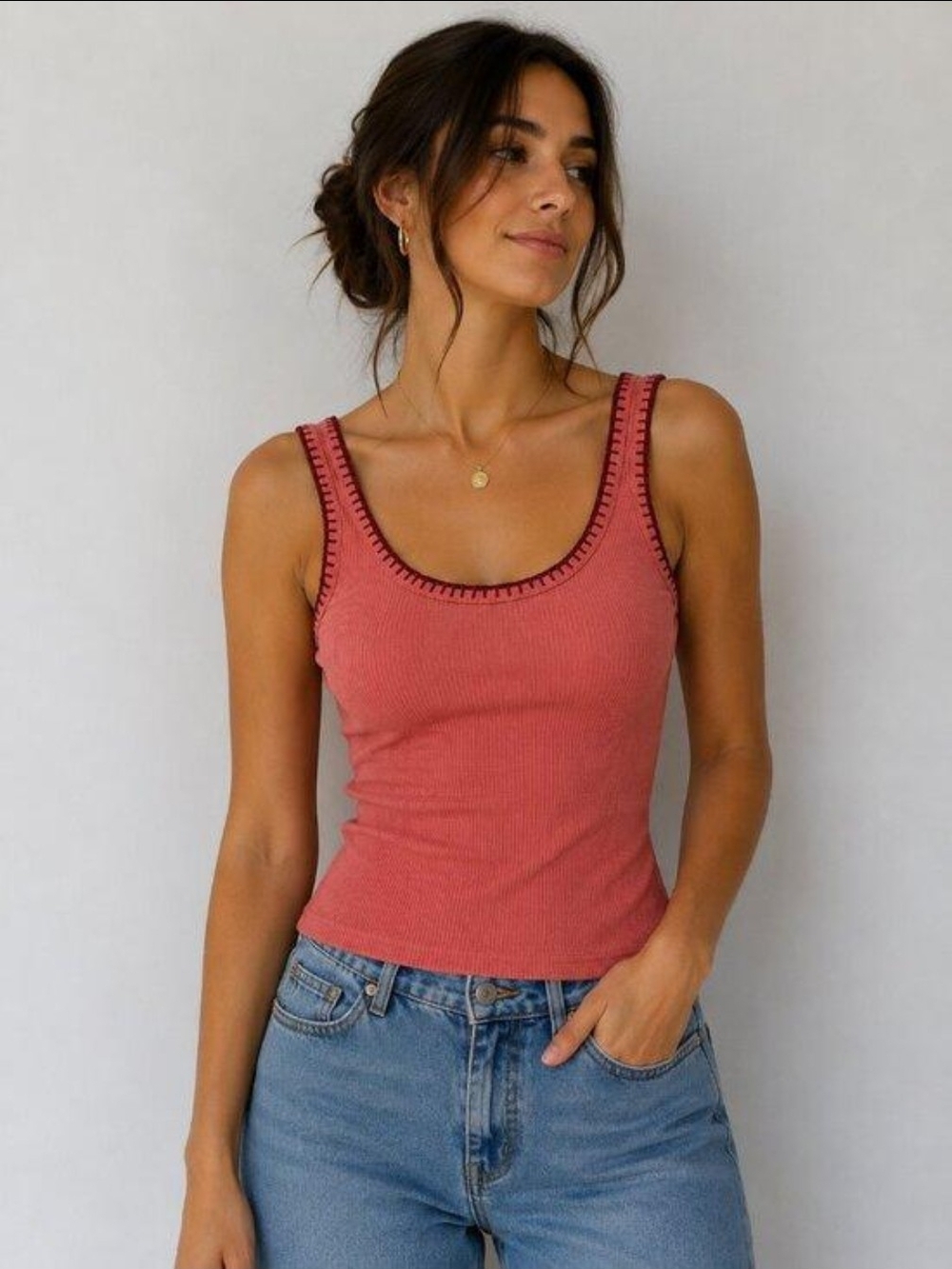 NWT J.Crew Vintage Rib Tank Top Contrast Stitch Coral NWT Size M CK332